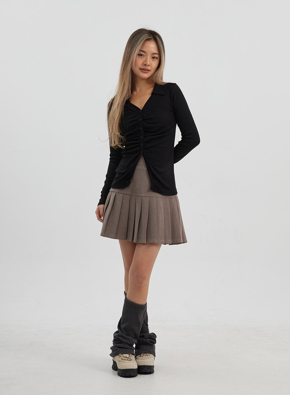 Ruffle Bust Button V-Neck Top CJ325