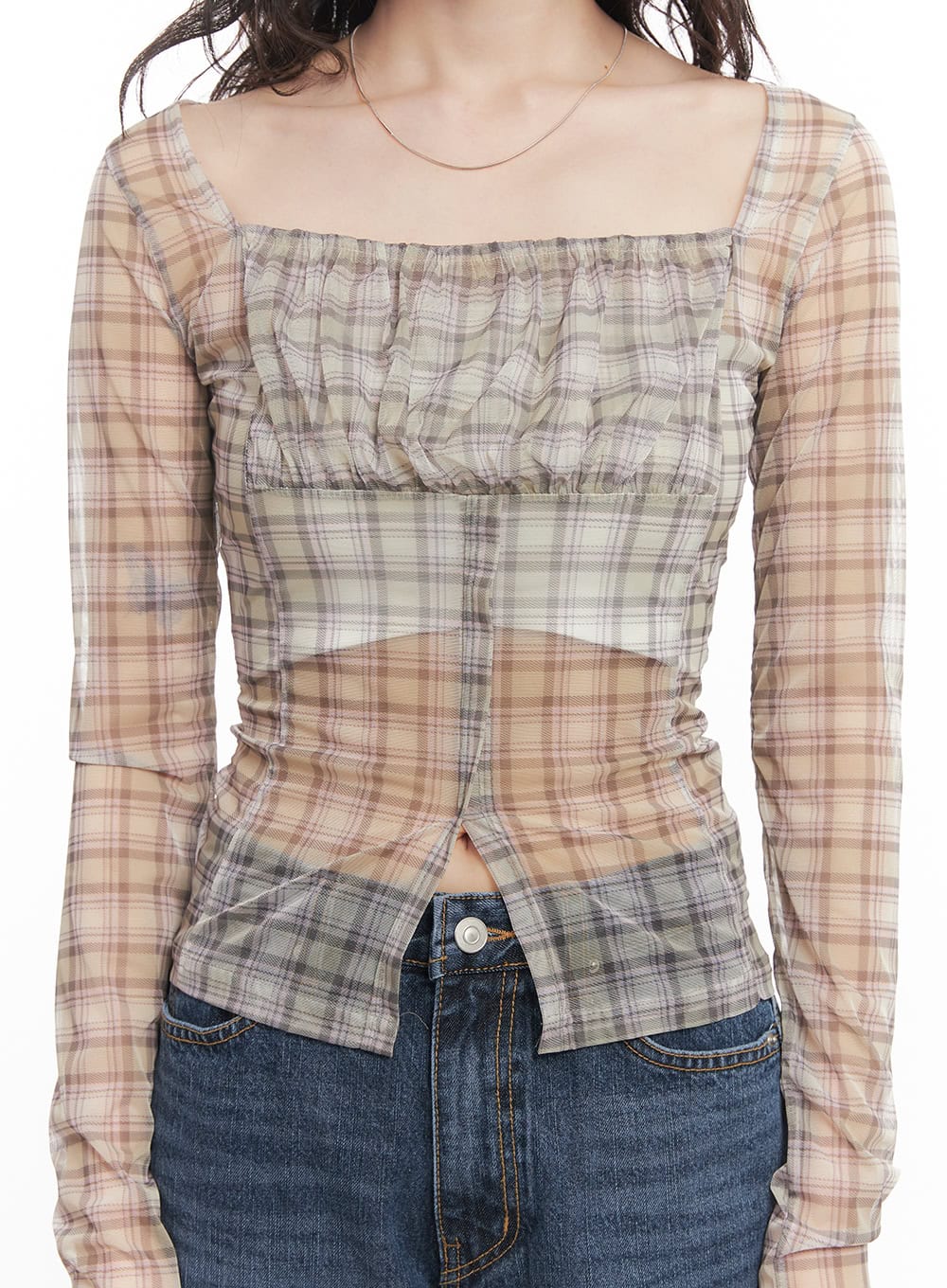 Sheer Checkered Square Neck Crop Top CM520