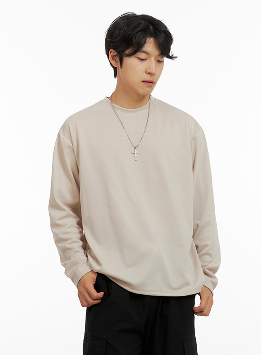 Men's Loose Round Neck Long Sleeve (Beige) IG409