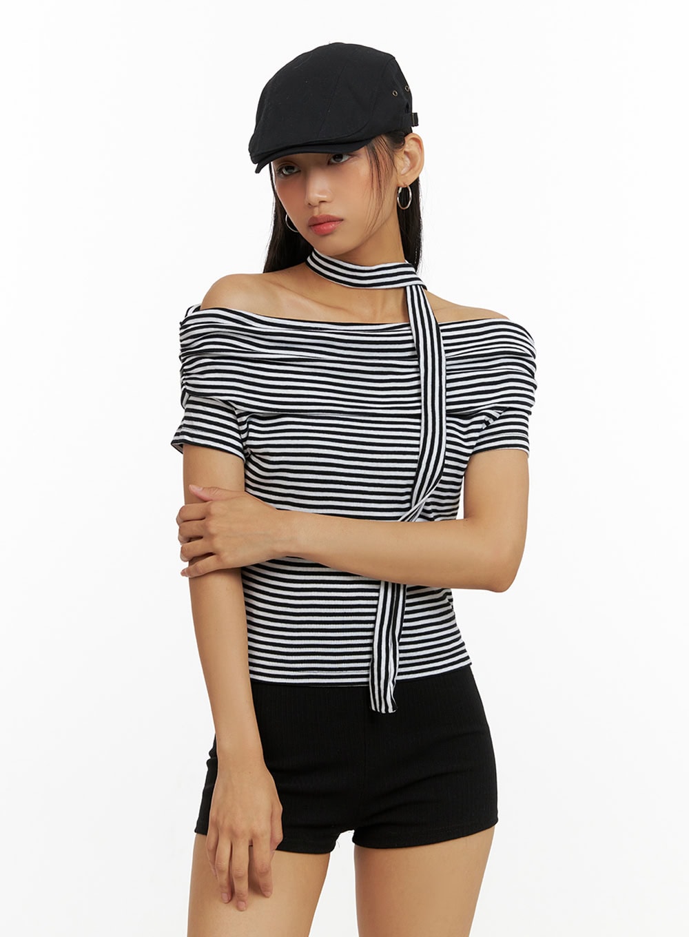 Cotton Stripe Shirred Off Shoulder Crop Top with Scarf IU412