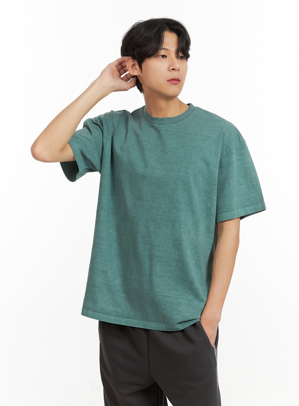 Men's Cotton Washed Round Neck T-Shirt (Green) IU405