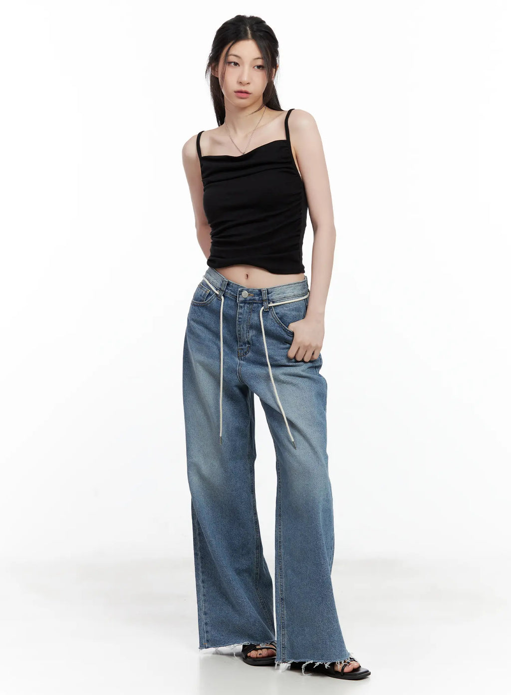 Chaeyoung Drawstring Washed Wide-Leg Jeans CU530