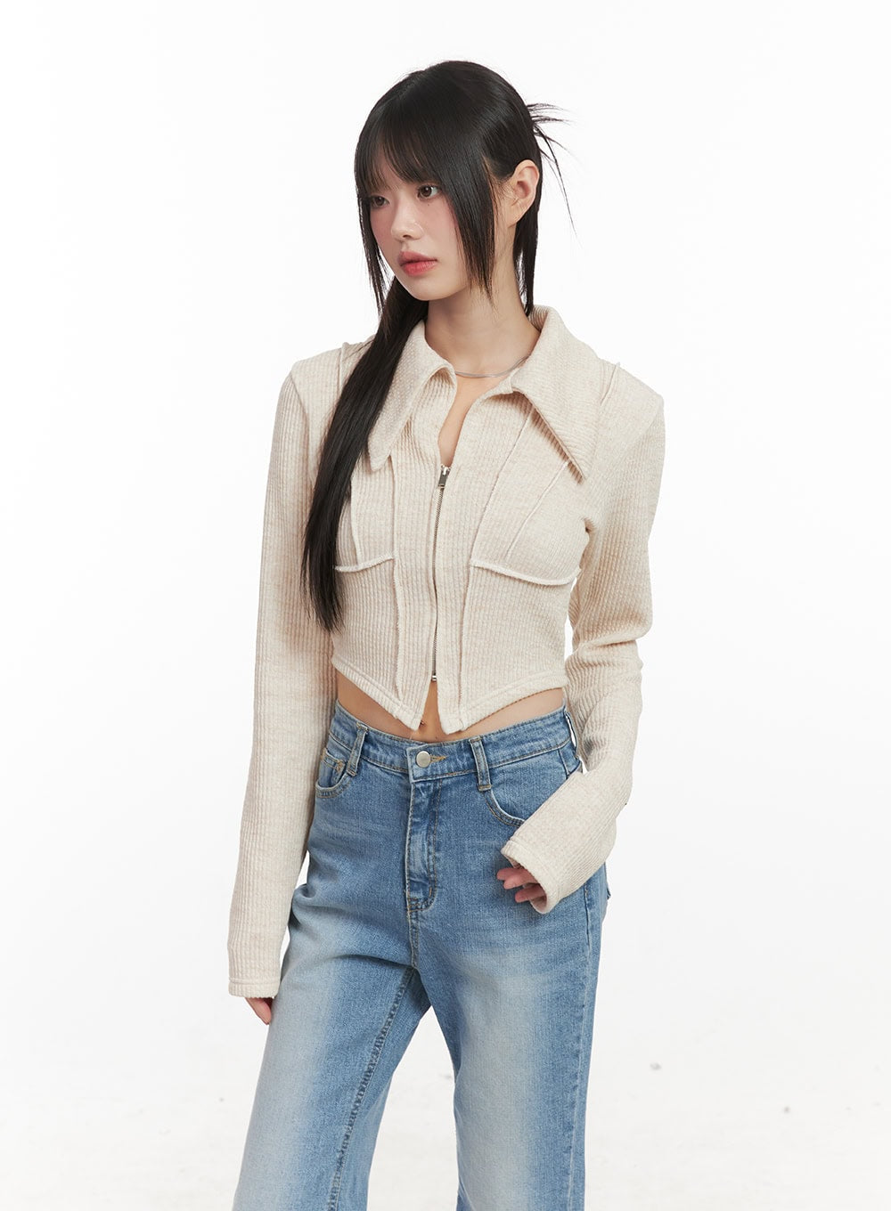 Zip-Up Collared Long-Sleeve Crop Top CJ523