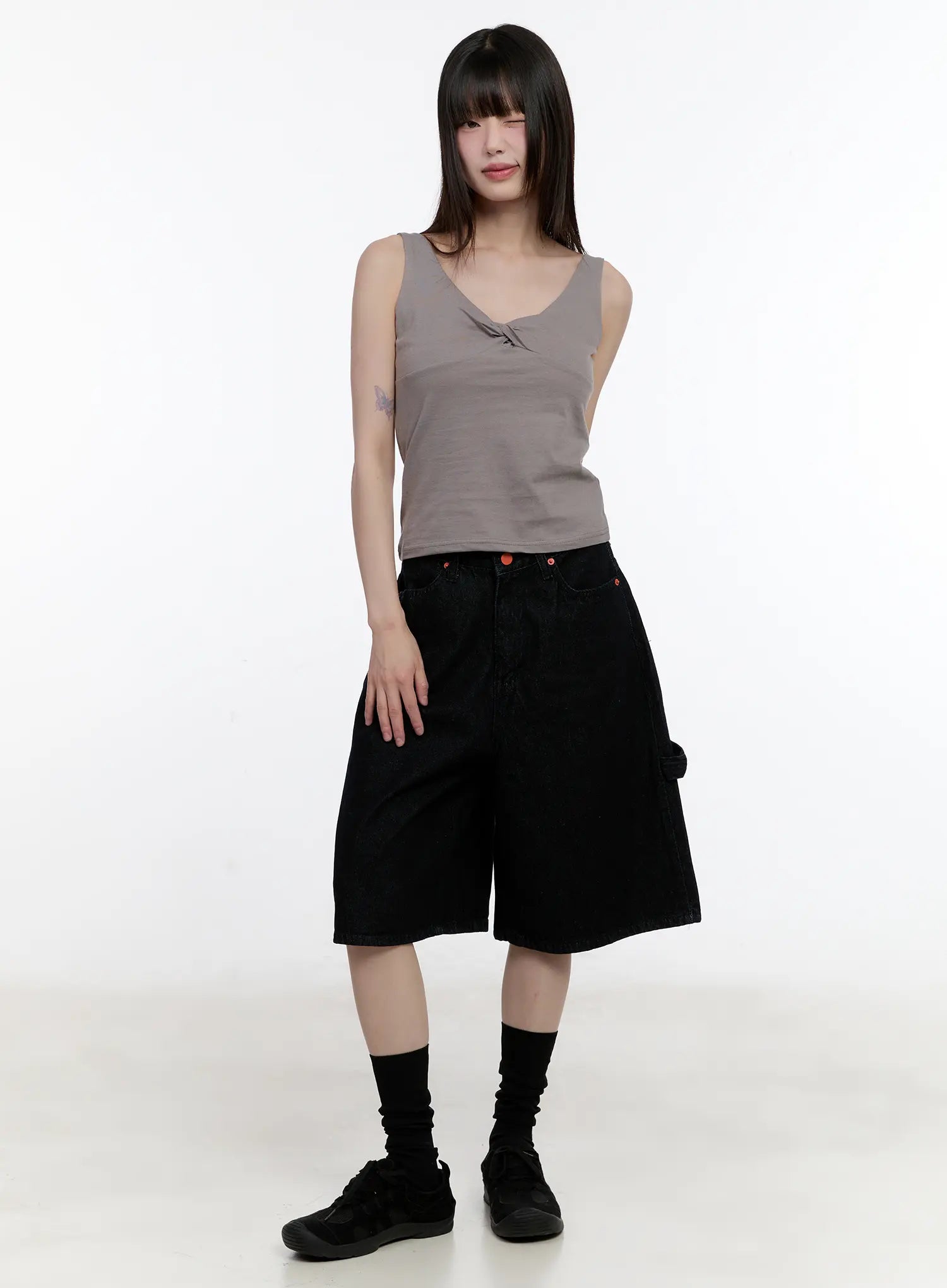 Red Text Graphic Embroidered Jorts CL504