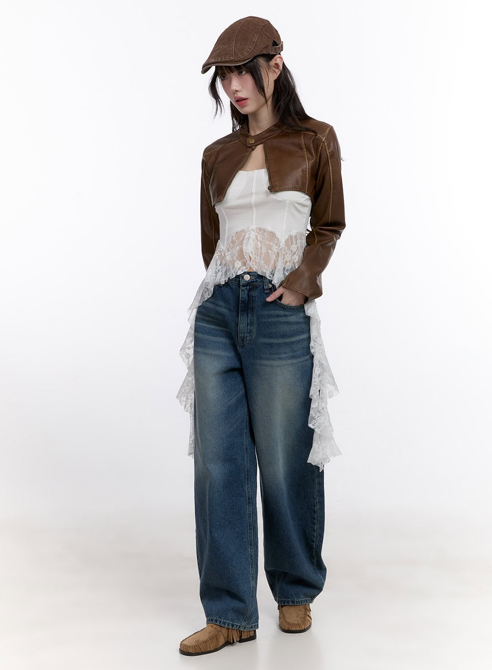 Stitched Faux-Leather Bolero Jacket CF511