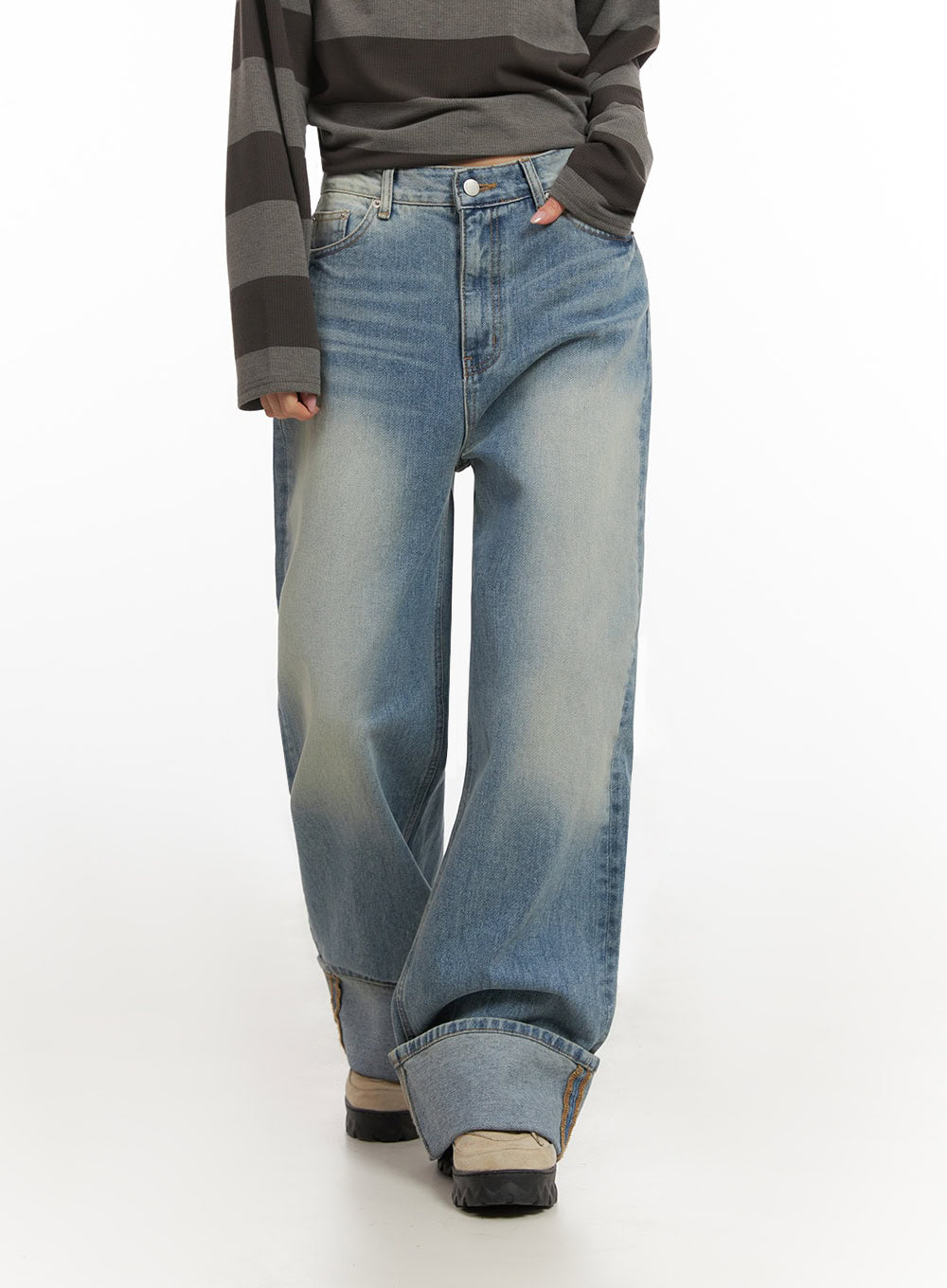 Katie Roll-Up Washed Wide-Leg Jeans ID431