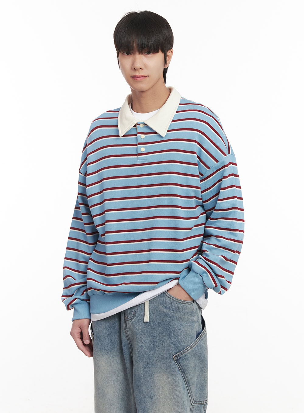 Men's Stripe Collared Sweatshirt (Light Blue) IM518
