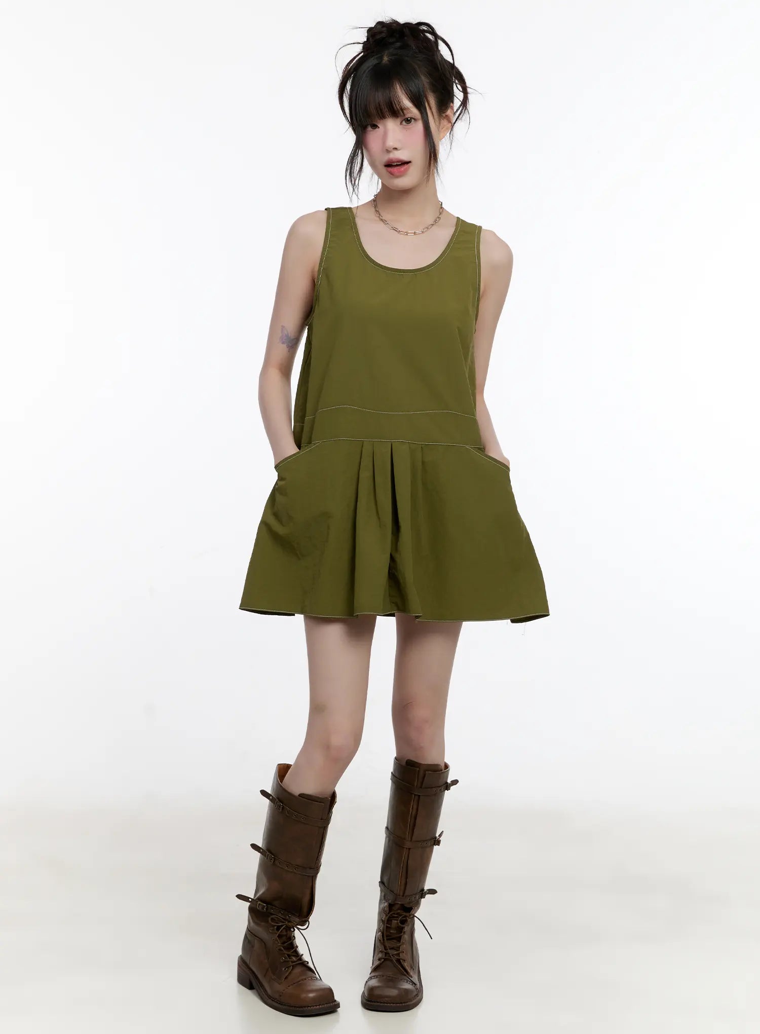 Olive Green Pintuck Mini Dress CL507