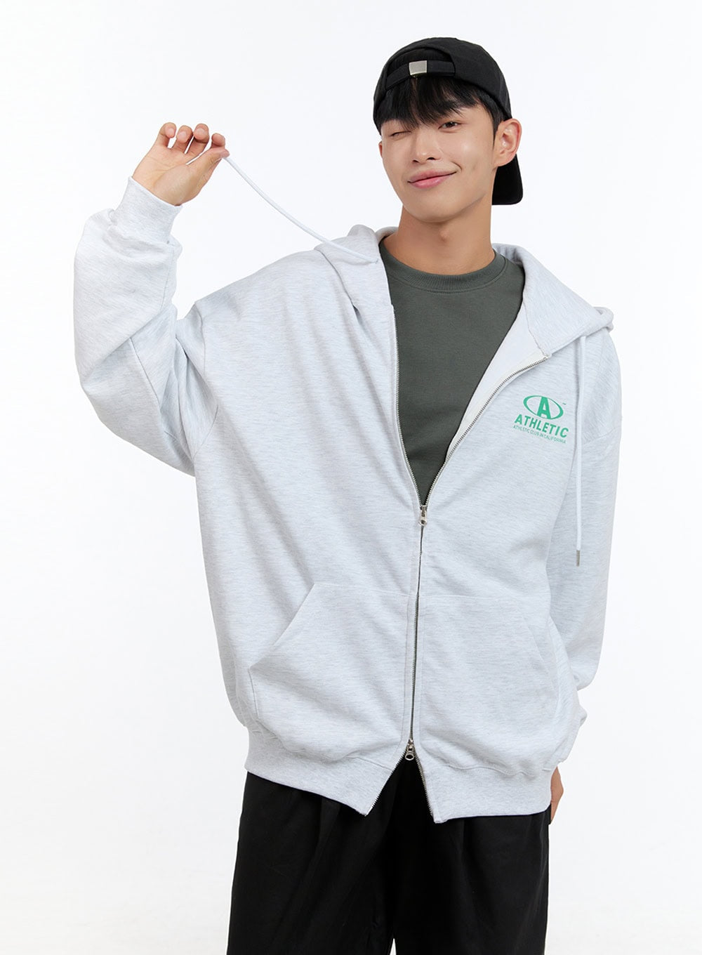 Men's Two-Way Zip-Up Lettered Hoodie (White) IS412