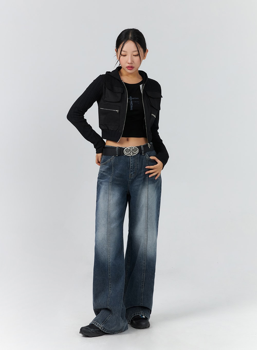 Stitched Washed Wide Leg Jeans CS325
