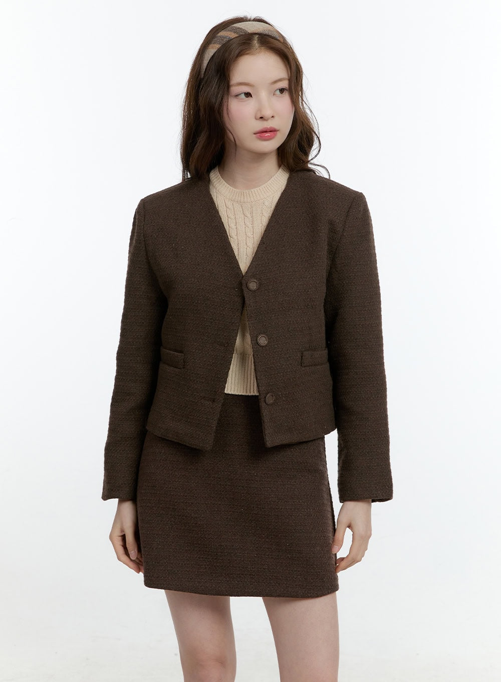Classic Tweed Collarless Buttoned Jacket CF504