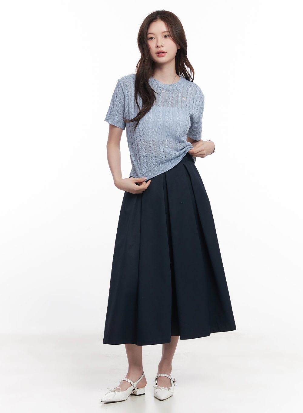 Cable-Knit Short-Sleeve Sweater CY515