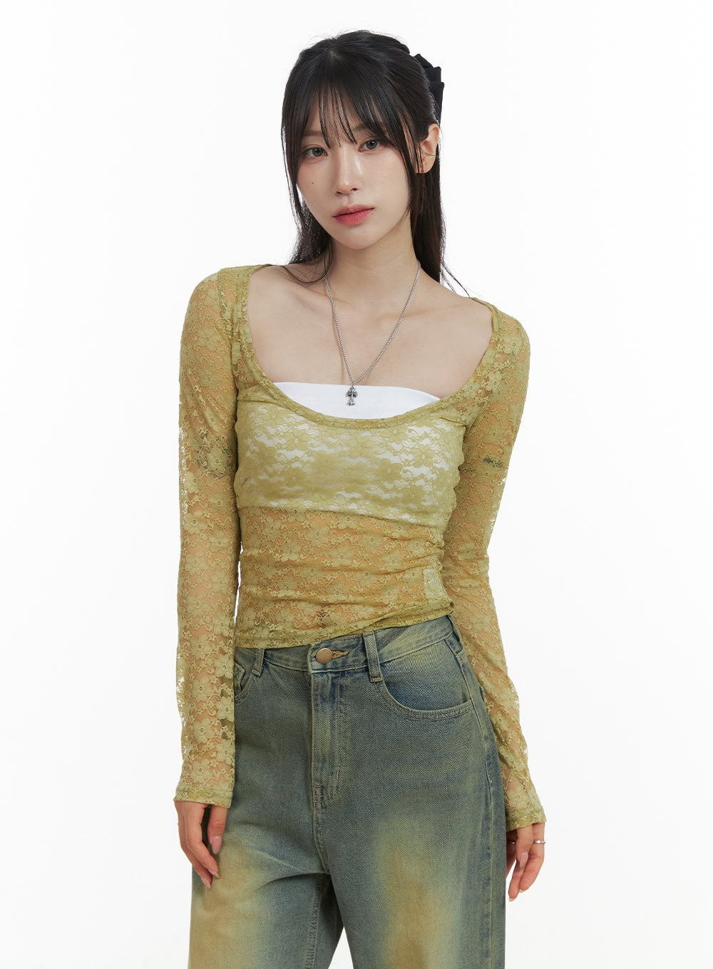 Lace Sheer U-Neck Long Sleeve Top OA425