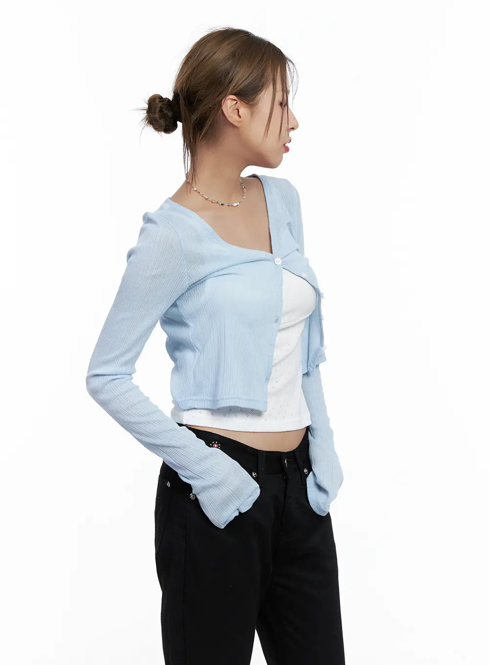 Light Blue Ribbed Cropped Cardigan CL511