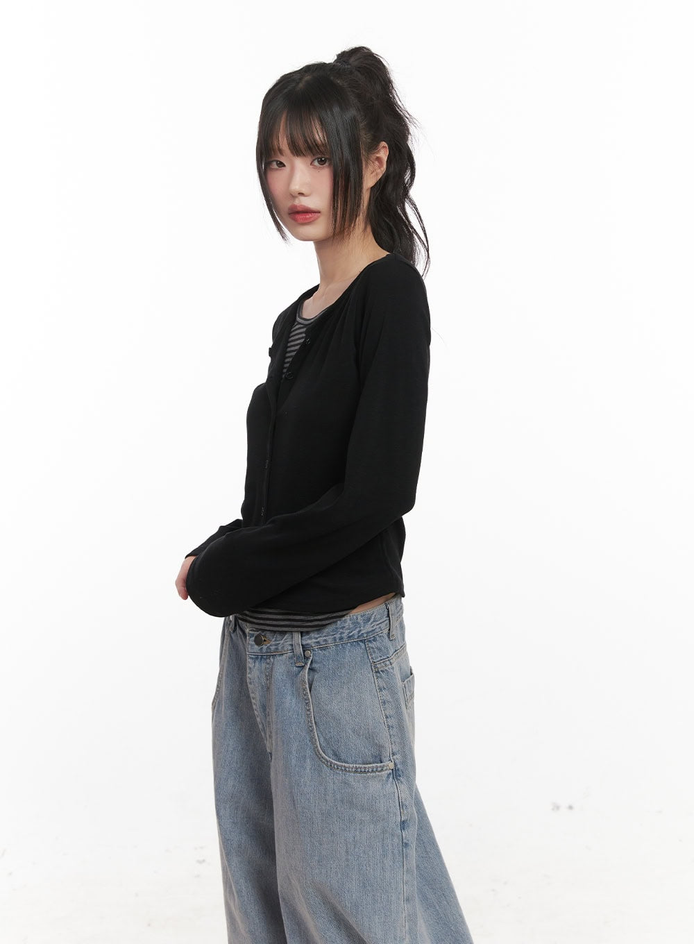 Striped Layered Buttoned Cardigan CJ528