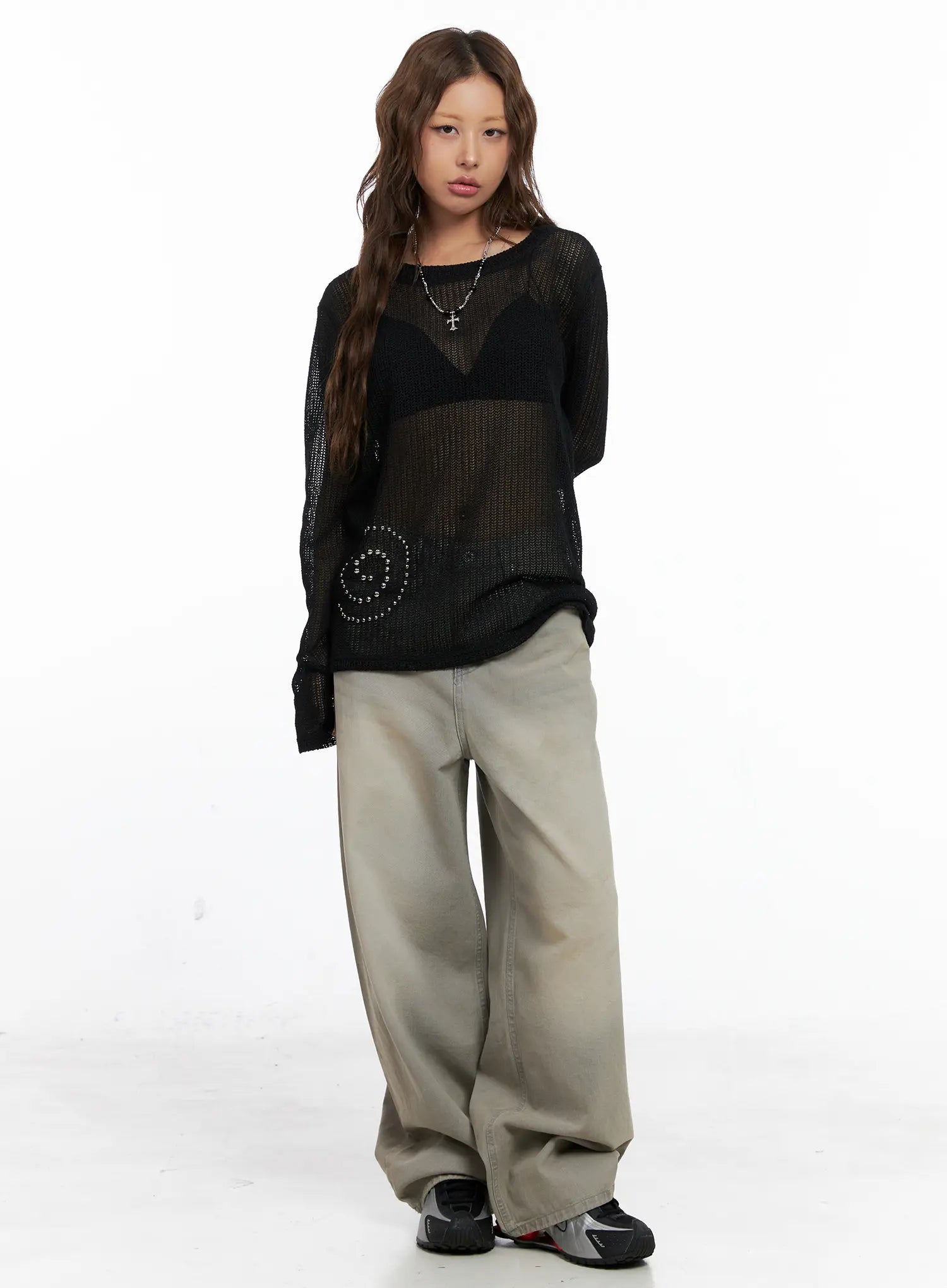 Studded Mesh Knit Long Sleeve Sweater CS522