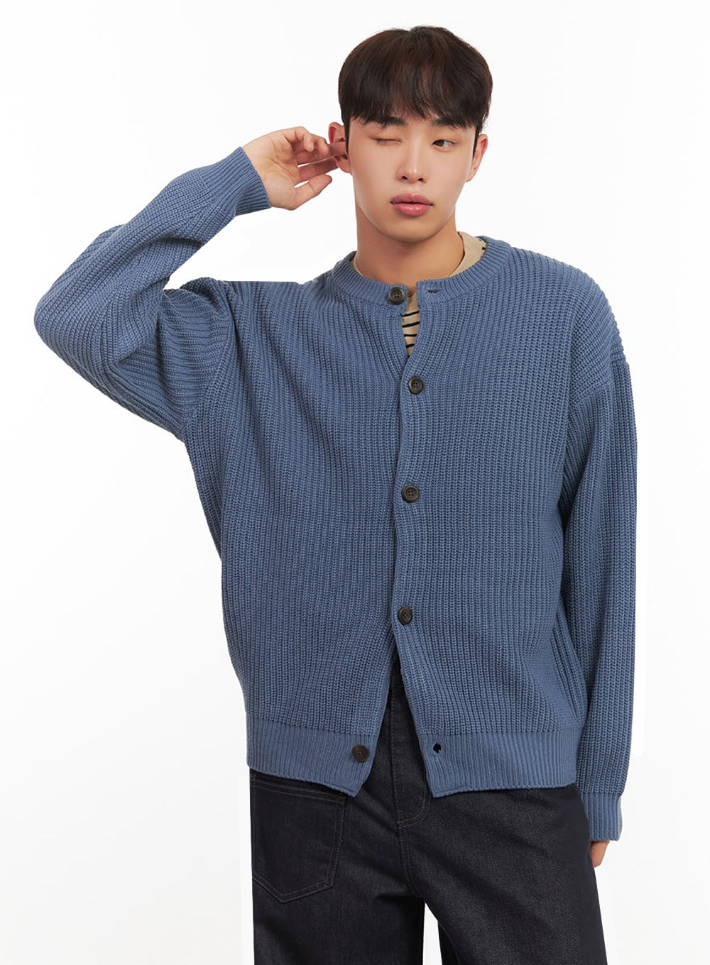 Men's Ribbed Buttoned Round-Neck Cardigan IF517