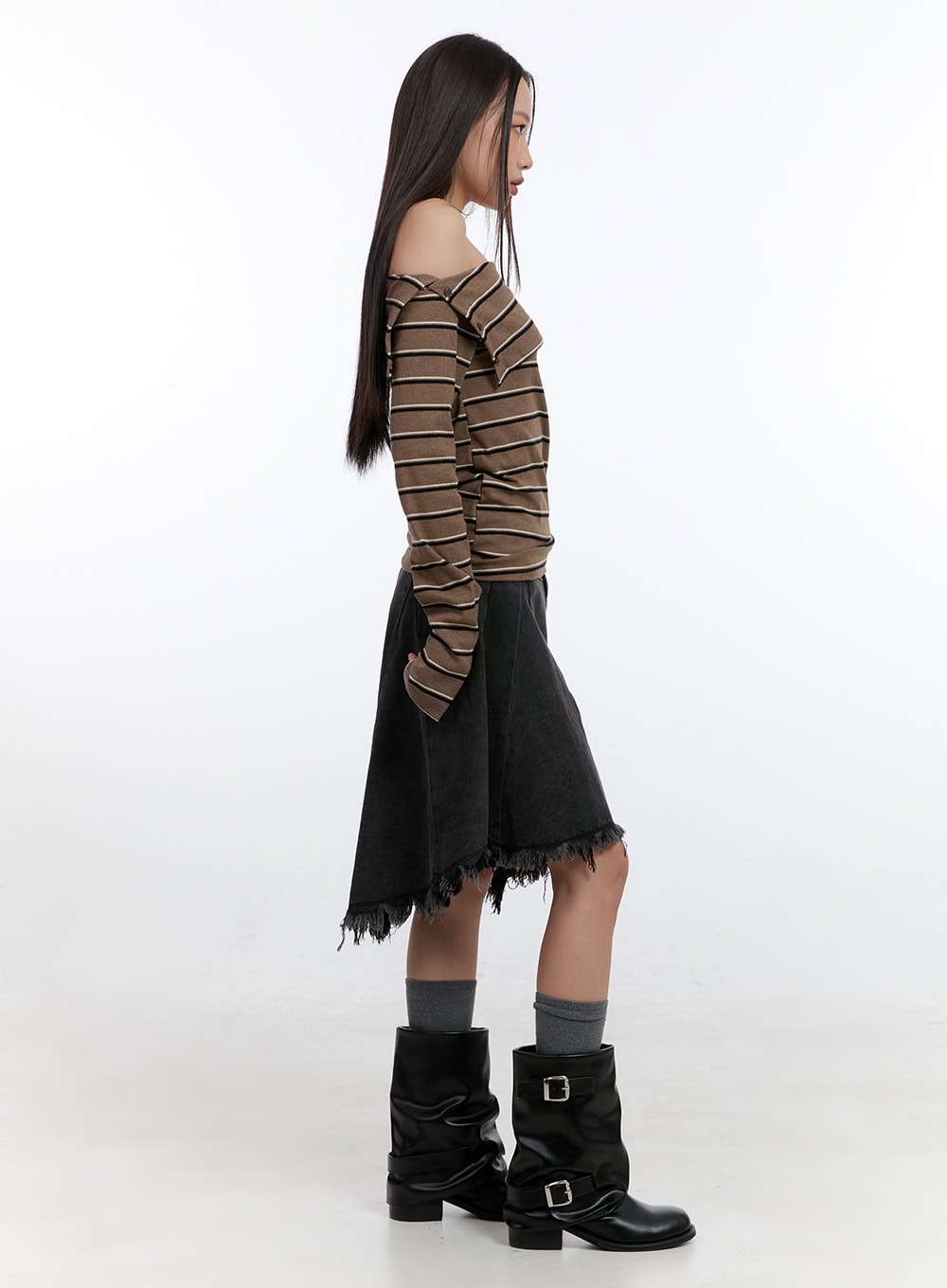 Unbalanced Washed Denim Midi Skirt CN401