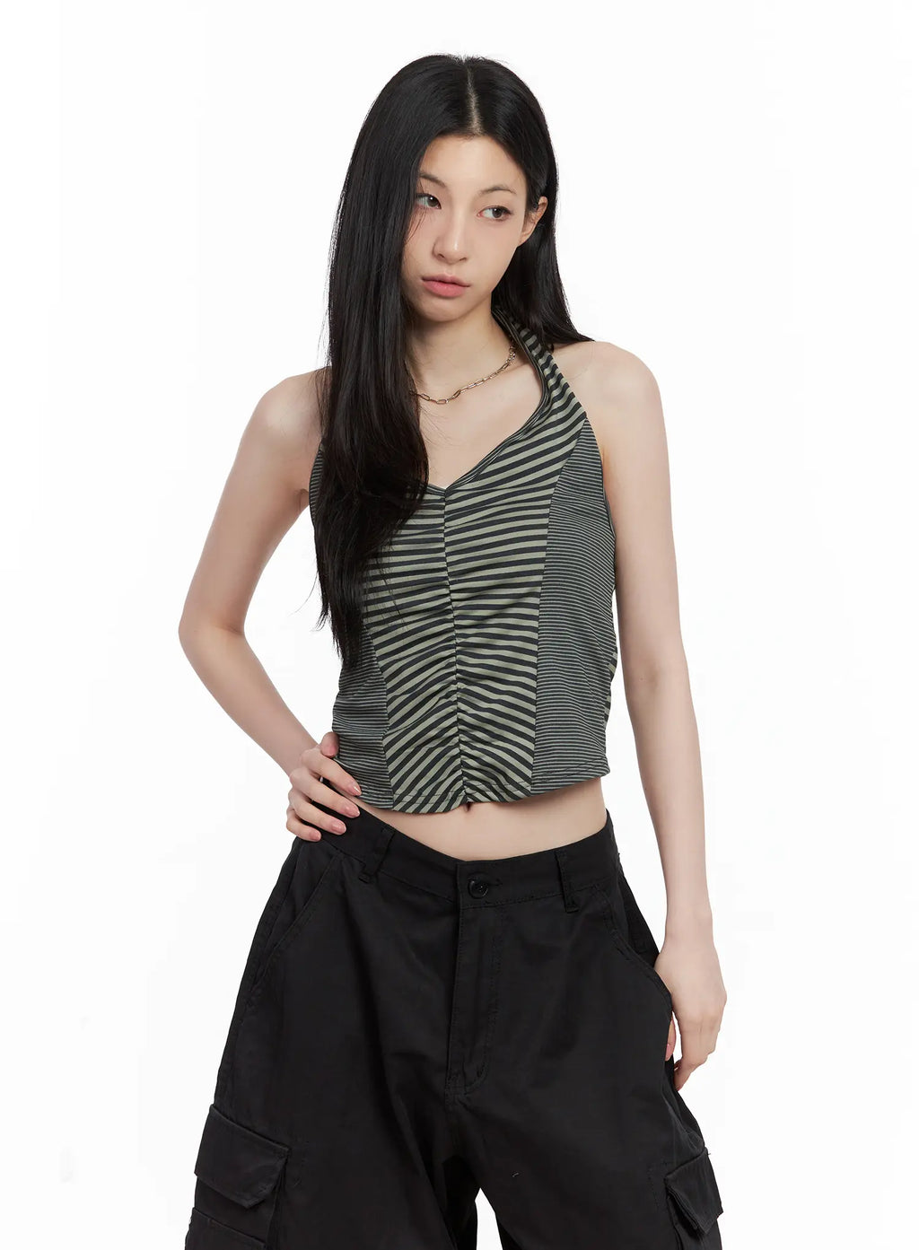 Ruched Striped Halter Top CU530