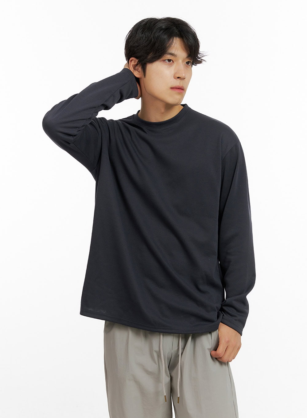 Men's Loose Round Neck Long Sleeve (Dark Gray) IG409