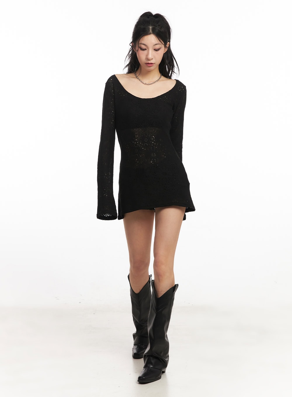 Flower Mesh U-Neck Sweater CA516