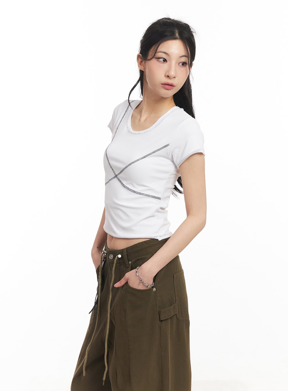 Contrast-Stitch Crop Tee CA514