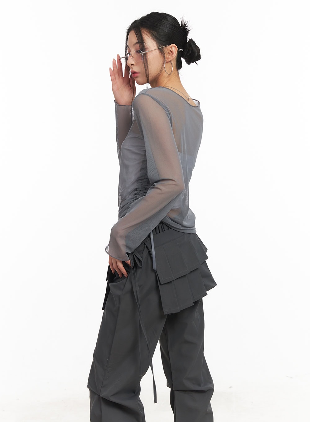 Sheer Shirring Ribbon Long-Sleeve Top CM503