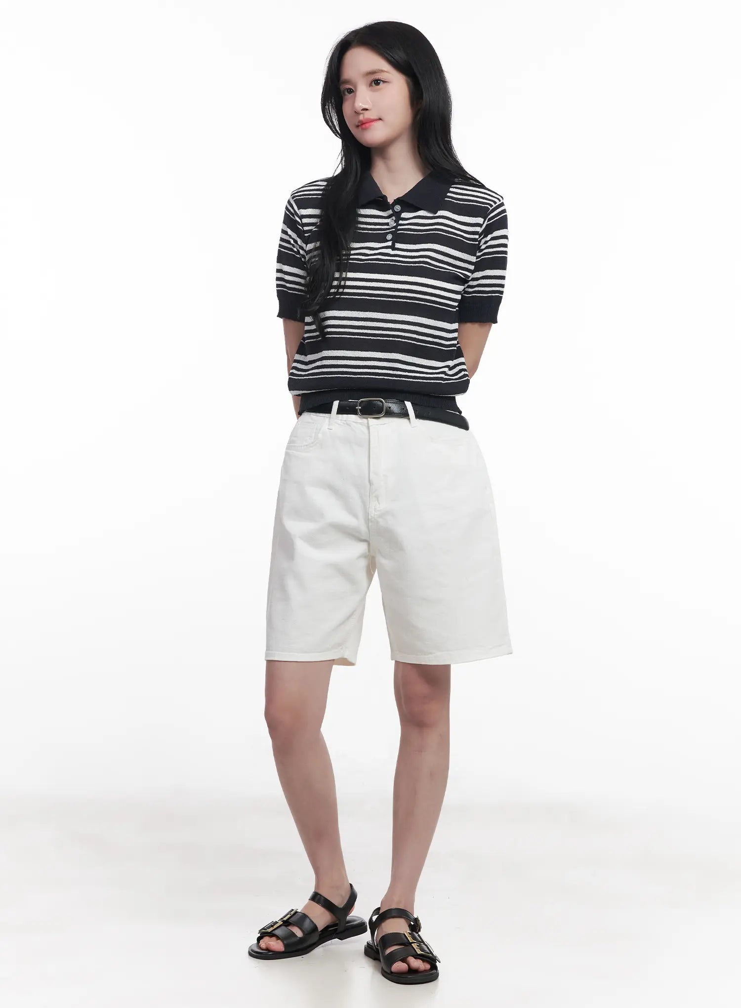 Striped Collared Short-Sleeve Sweater CU525