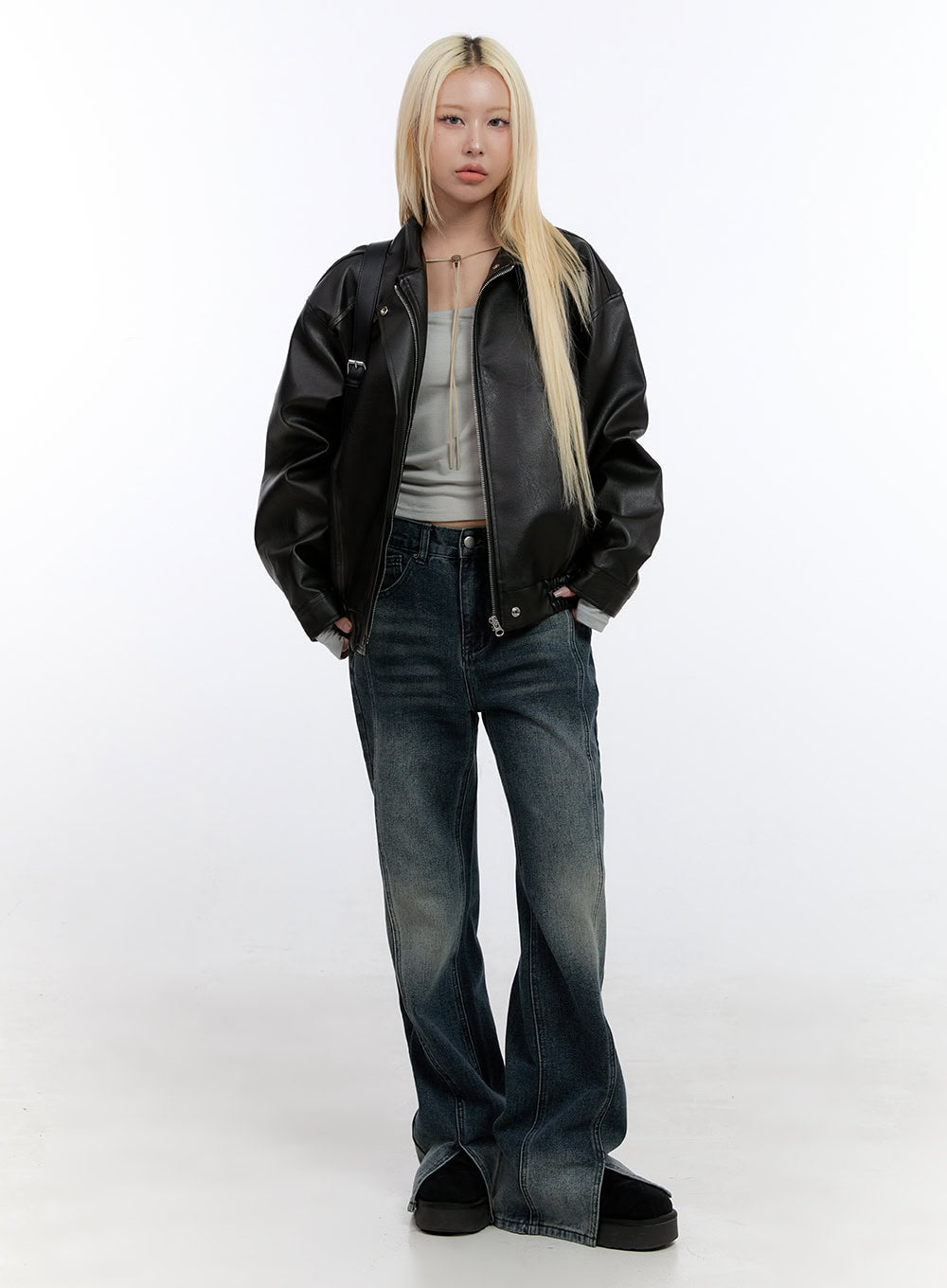 Oversized Faux Leather Collar Jacket CO419