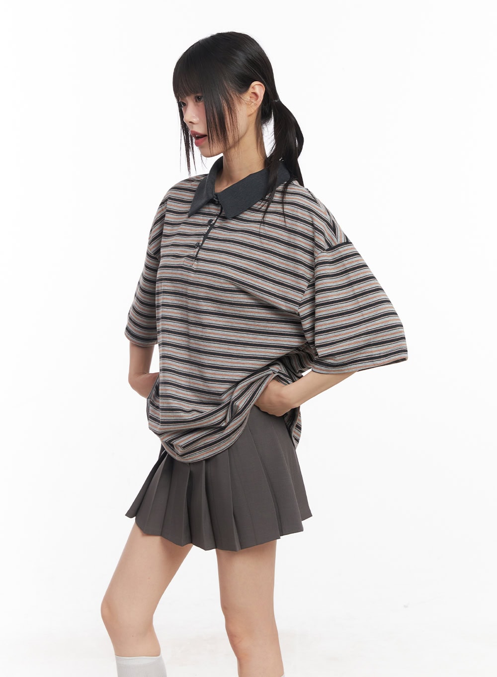 Oversized Striped Short Sleeve Polo Shirt CY514