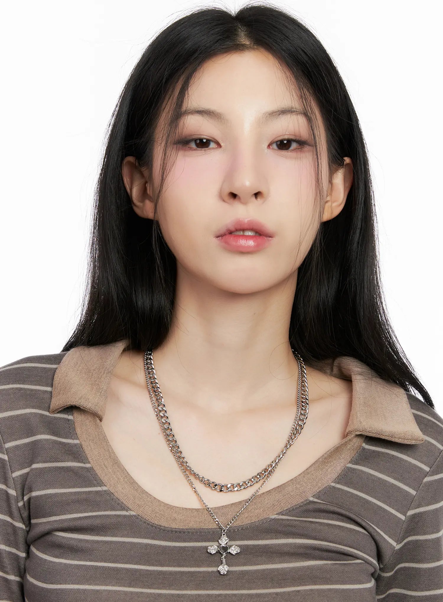 Layered Rose Heart Cross Pendant Necklace CG526