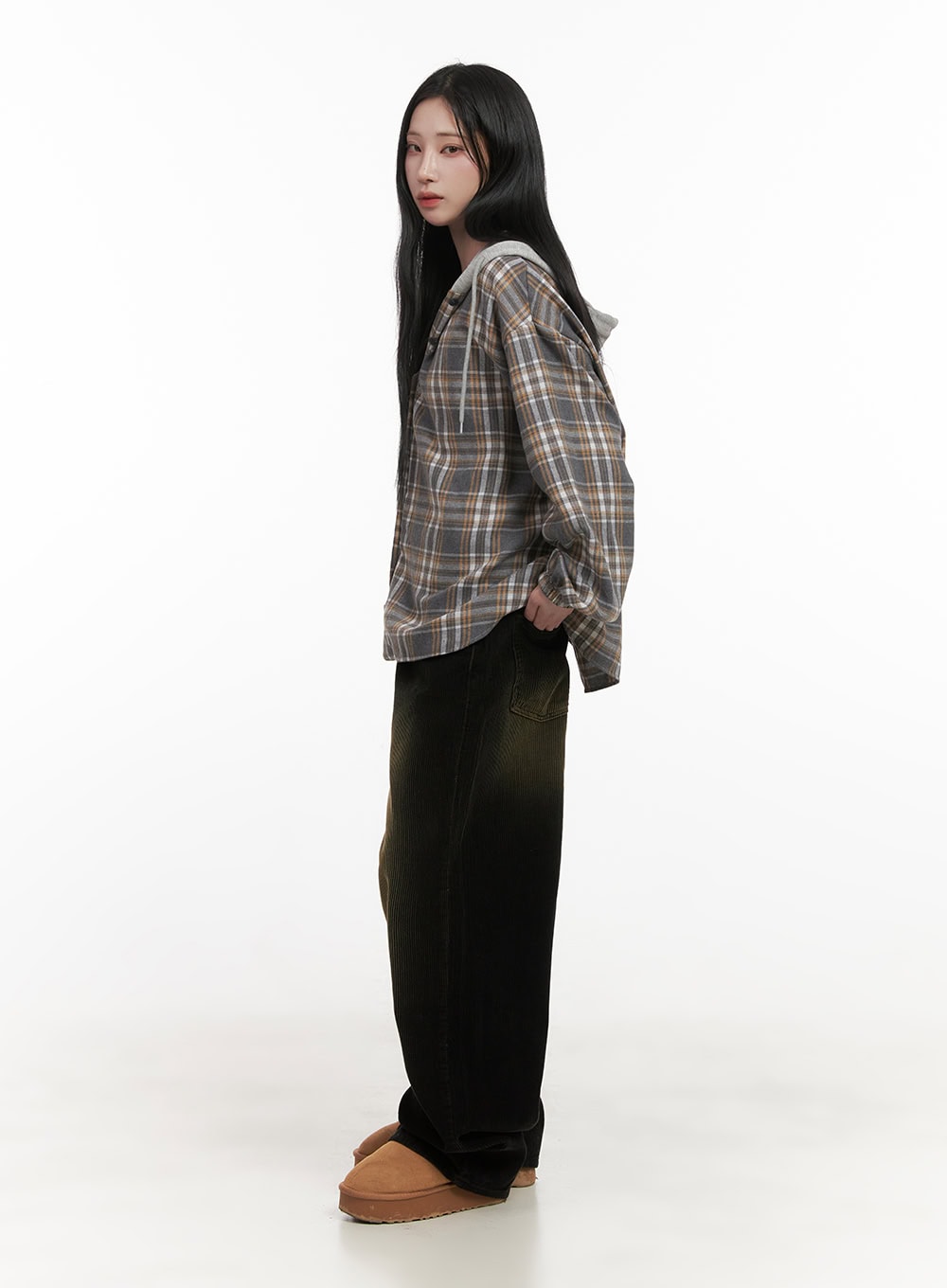 Buttoned Check Hooded Blouse CD410