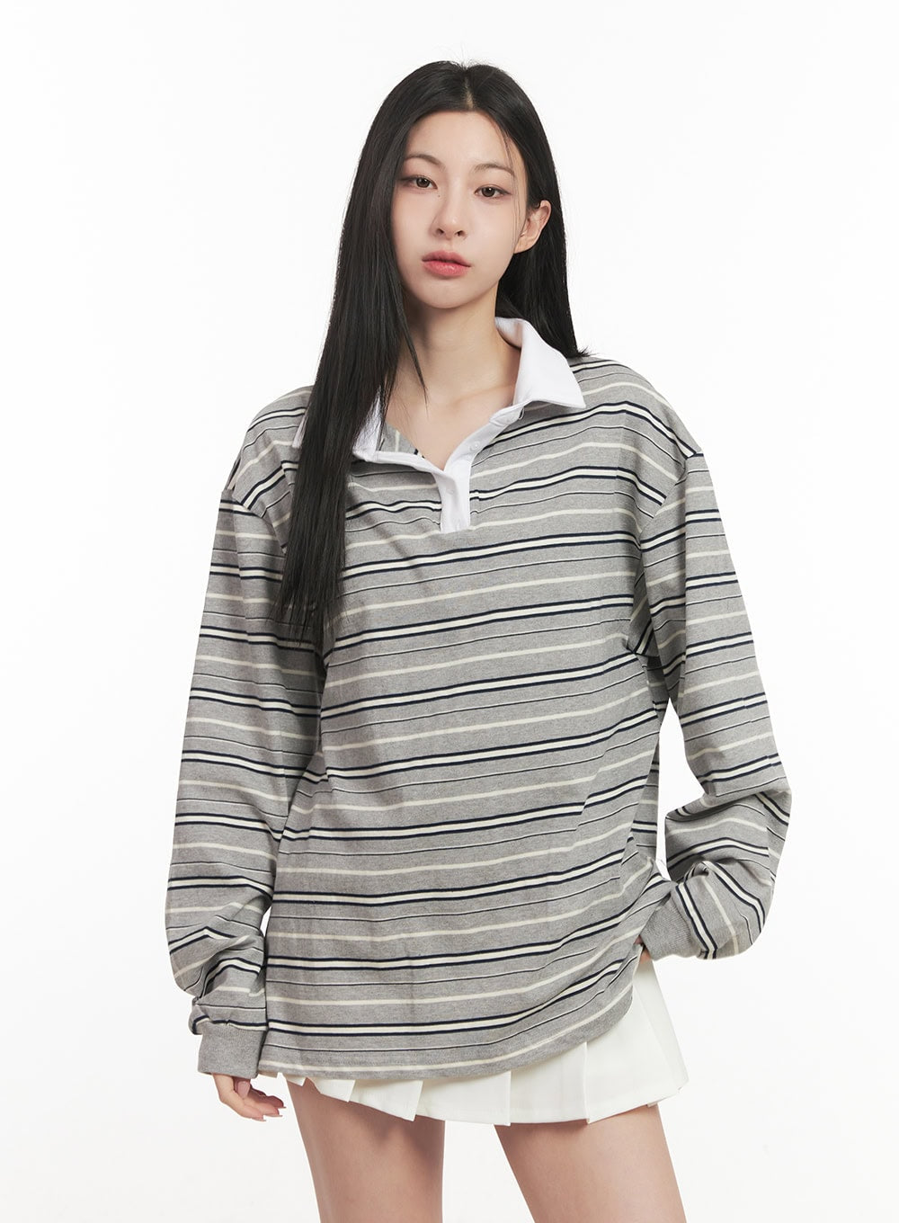 Oversized Striped Long Sleeve Polo Shirt CF514