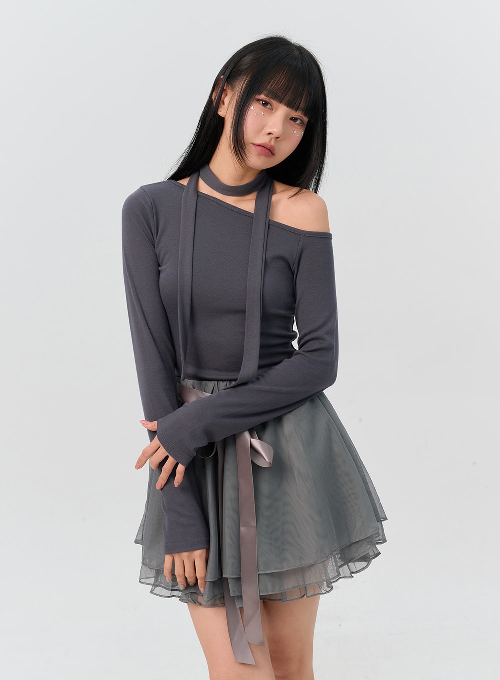 One-Shoulder Tee and Scarf Set IN301