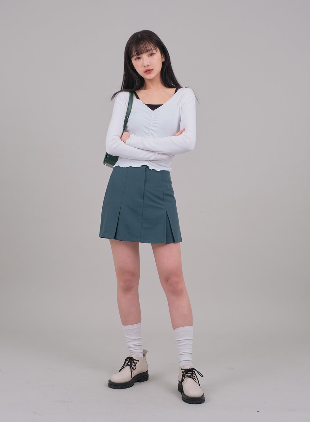 Cropped Long Sleeve Top with Front Shirring C2701