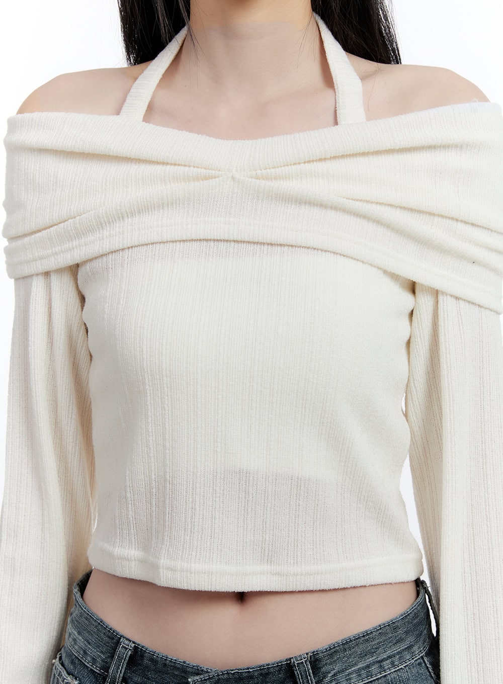 Long-Sleeve Off-Shoulder Halter Crop Top CJ520