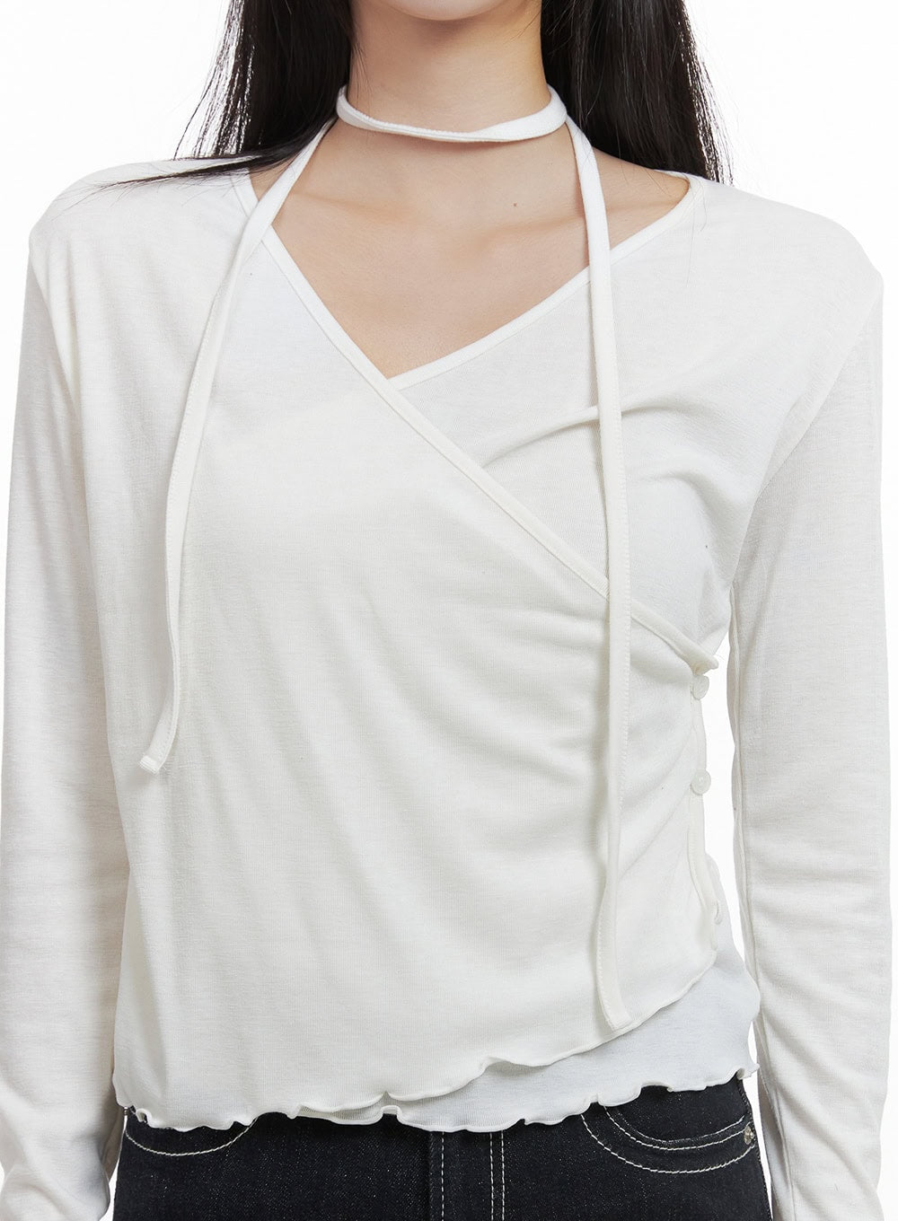 Elegant Buttoned Wrap Long Sleeve Top CS430