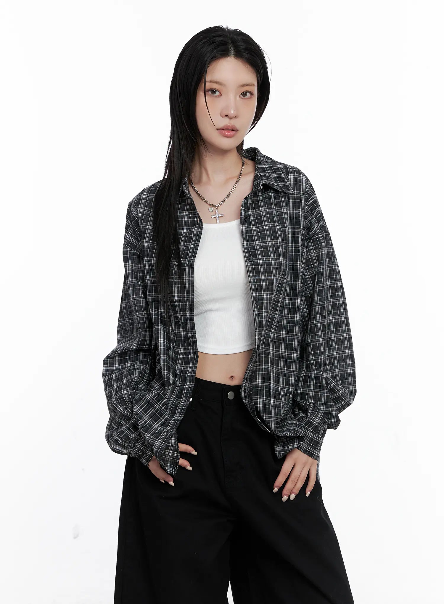 Oversized Plaid Button Up Shirt CS512