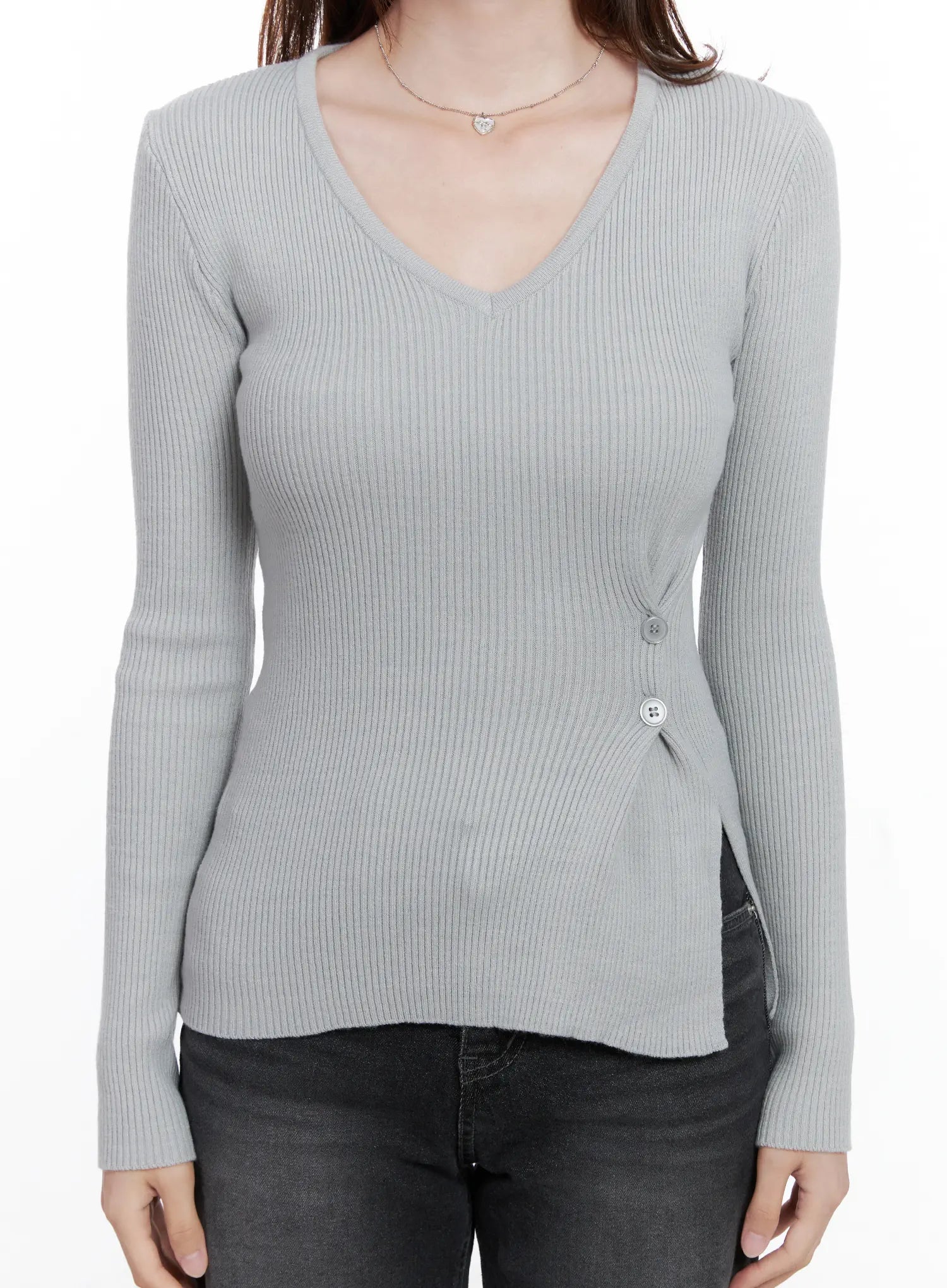 Ribbed V-Neck Long-Sleeve Knit Top CG521