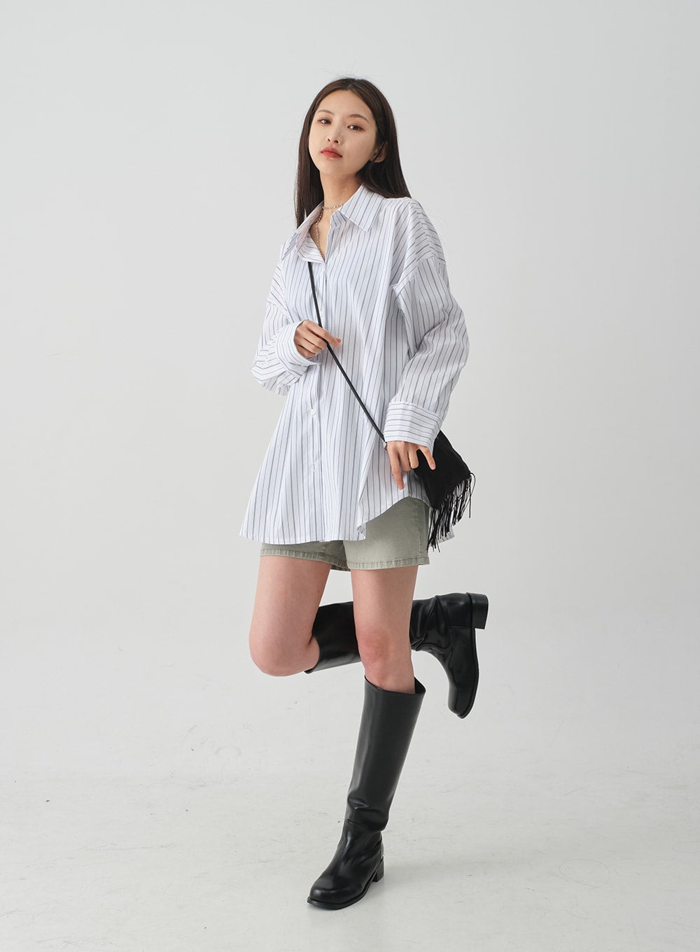 Oversized Striped Shirt with Waist Band Set CY27