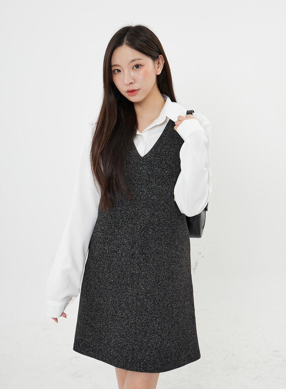 Mixed Color V-Neck Wool Dress BO21