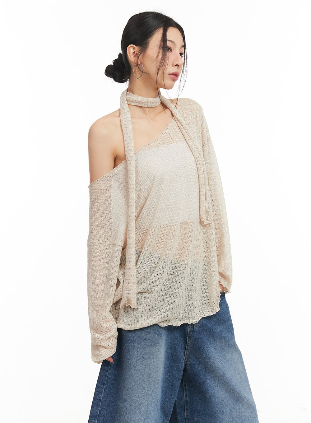Sheer Off-Shoulder Top with Scarf Set CM503
