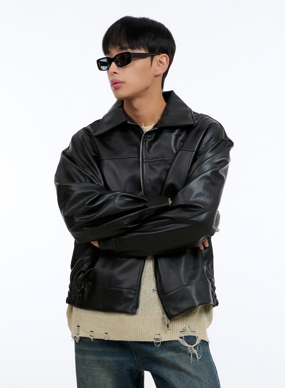 Men's Faux Leather Zip-Up Collar Jacket IG421