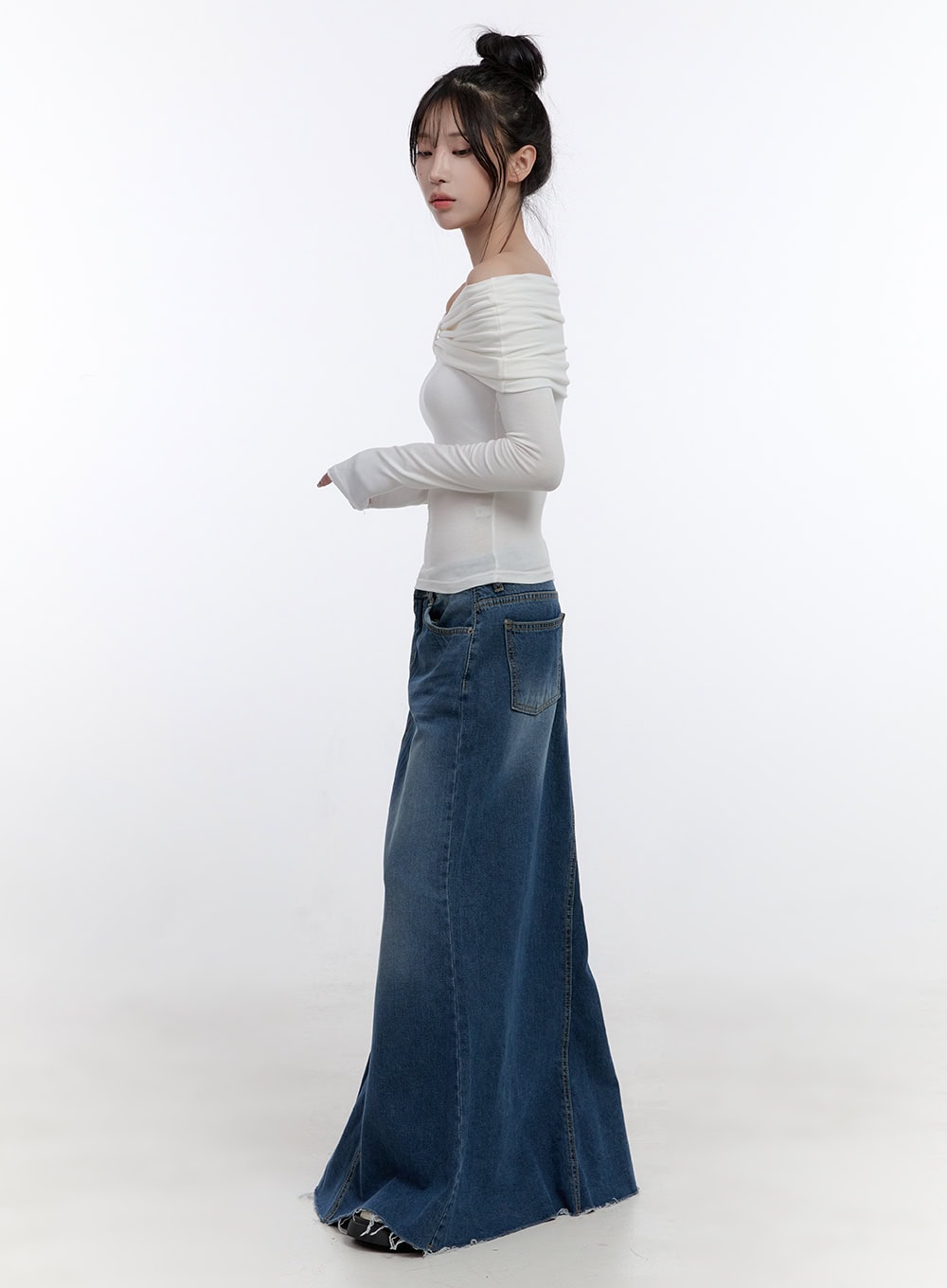Destroyed Washed Denim Maxi Skirt CO419