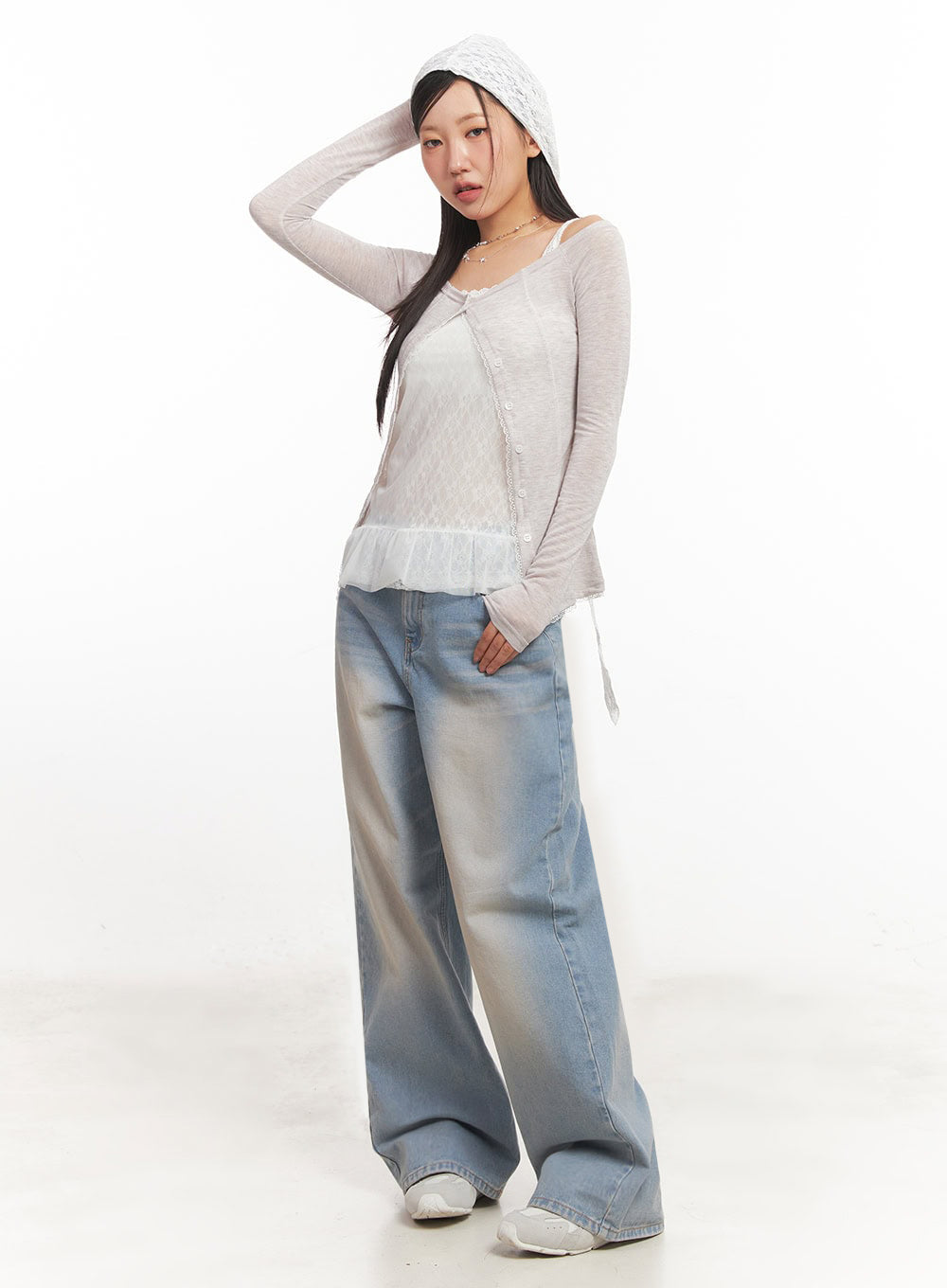 Lace Buttoned Off-Shoulder Cardigan IA524