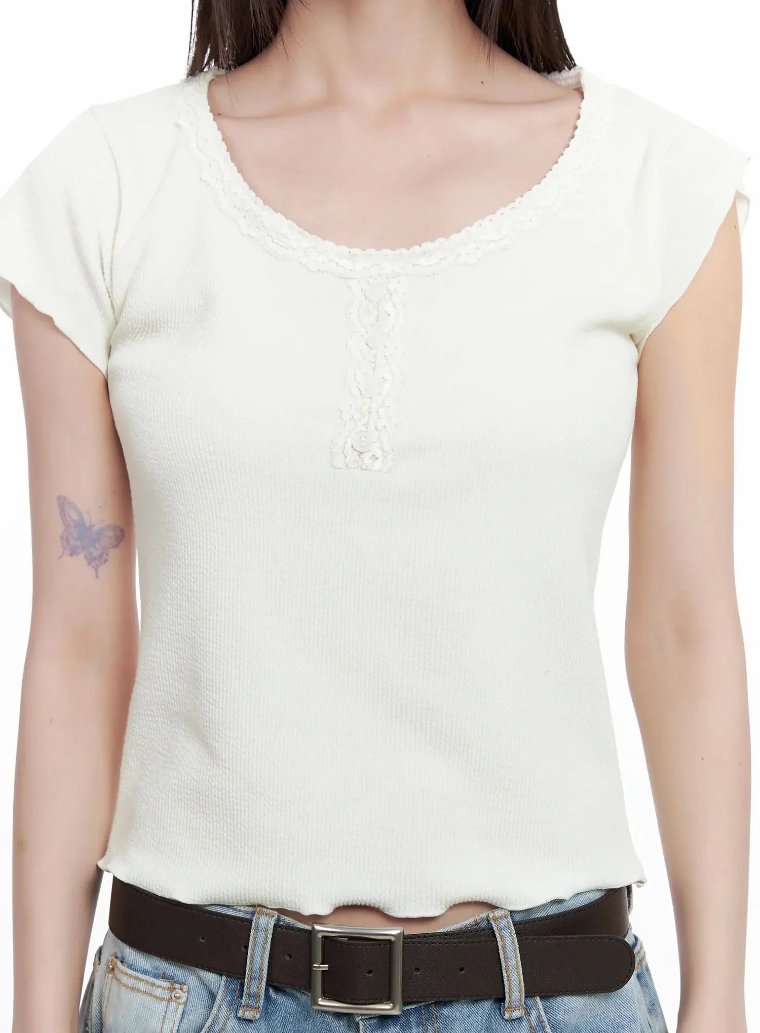 Lace Trimmed Button Short Sleeve IL531