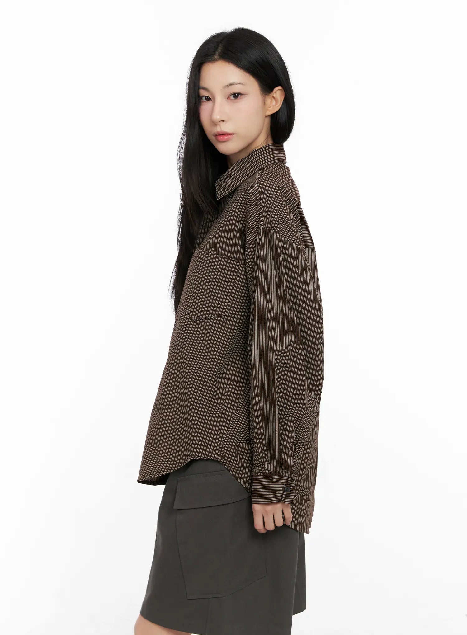 Relaxed Fit Striped Button-Up Long Sleeve Shirt CG526