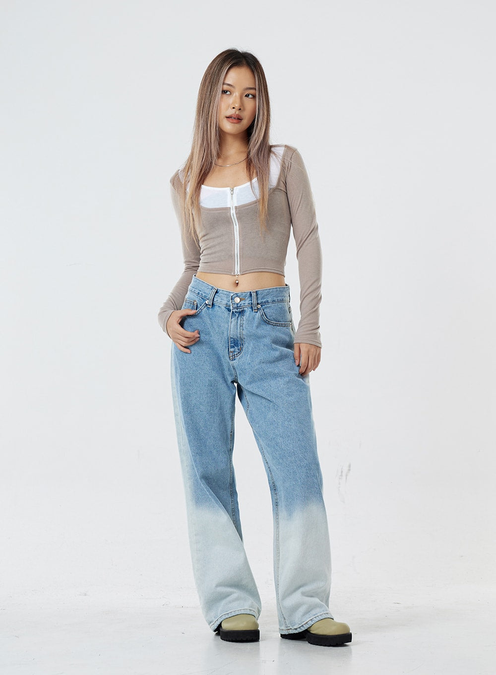 Two Tone Zip-Up Cropped Top CG31