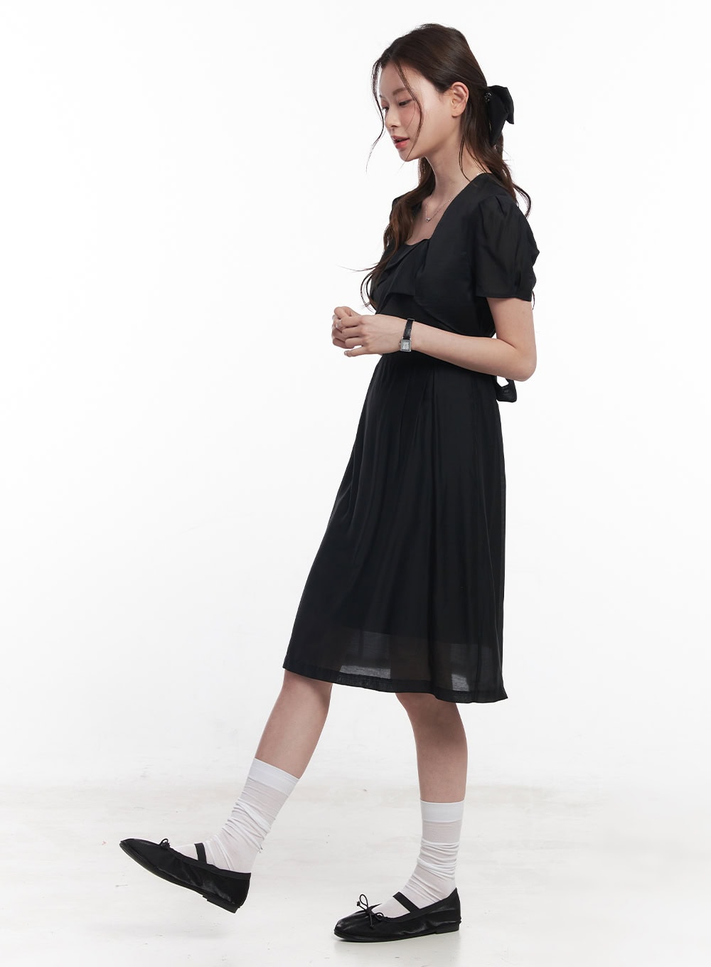 Puff-Sleeve Square Neck Midi Dress CY519