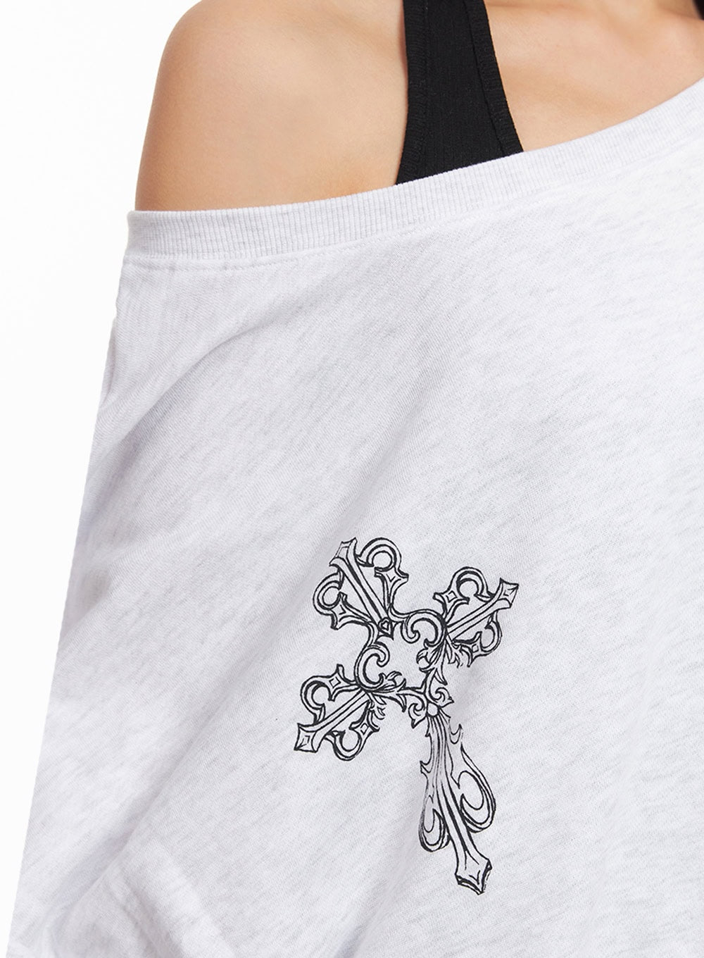 Off-Shoulder Cross Graphic Sweatshirt IA507